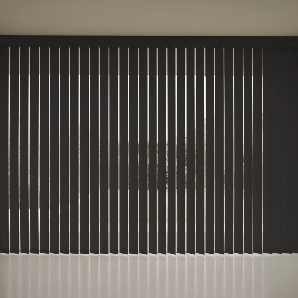 A modern black Smart Vertical Blinds  with evenly spaced narrow bars, shown in a minimalist interior setting with a light-colored floor and wall.