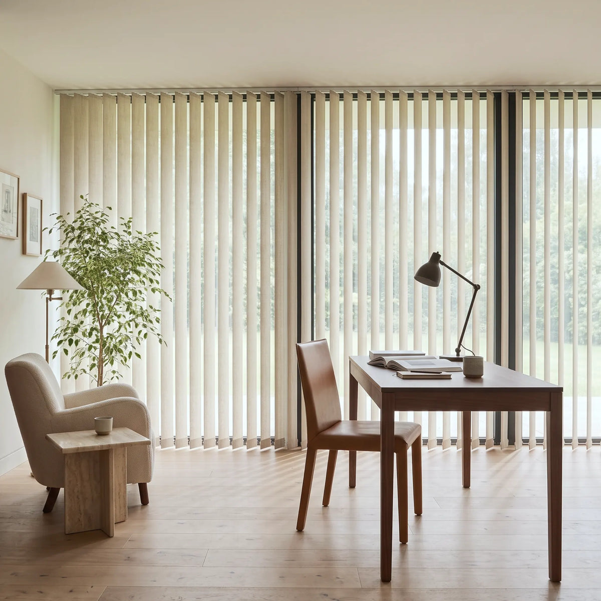 A modern interior scene with tall Smart Vertical Blinds covering large windows, a wooden dining table and chair, a beige armchair, side table, floor lamp, and a potted plant in a bright room.