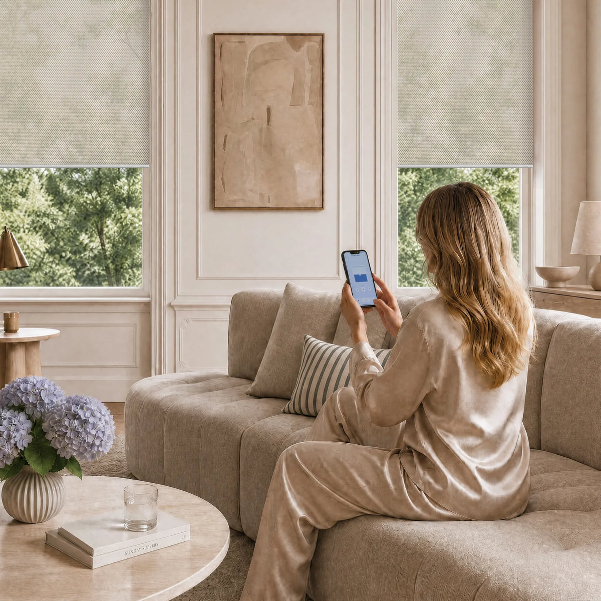 Smart solar roller shades controlled by mobile app in a bright modern living room