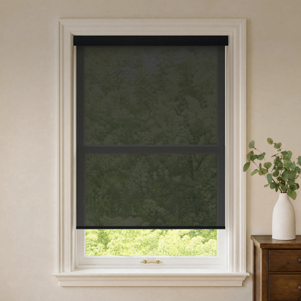 Black 5% openness solar roller shades for daytime privacy and clear outdoor visibility
