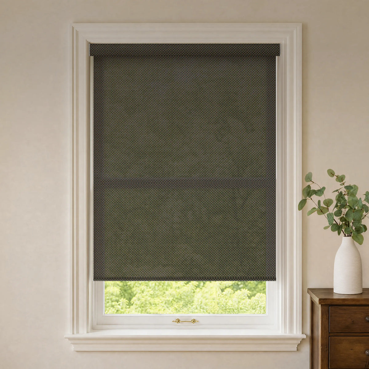 Chocolate 3% openness solar roller shades for warm light control and daytime privacy