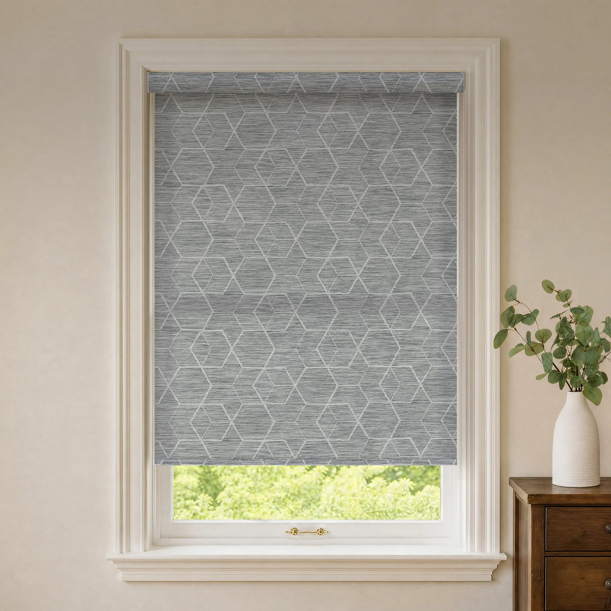 Geometry grey 1% openness solar roller shades with patterned fabric for privacy and glare control
