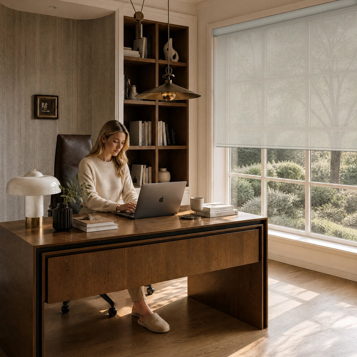 Solar roller shades in a home office for glare reduction and comfortable natural light