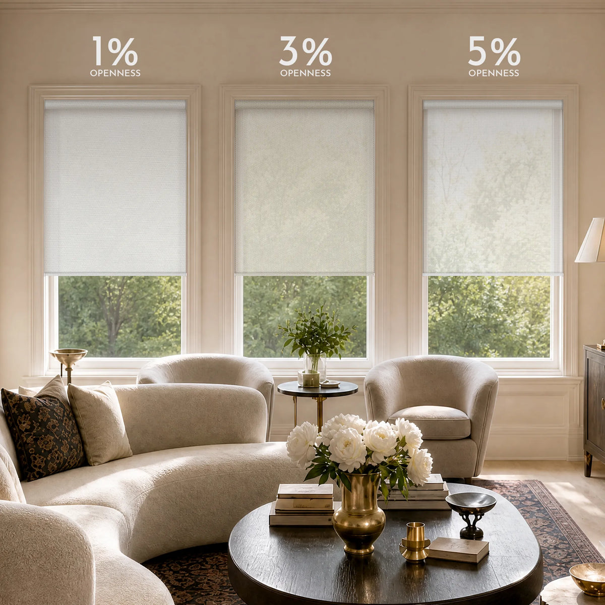 Solar roller shades showing 1%, 3%, and 5% openness levels for different light and privacy control