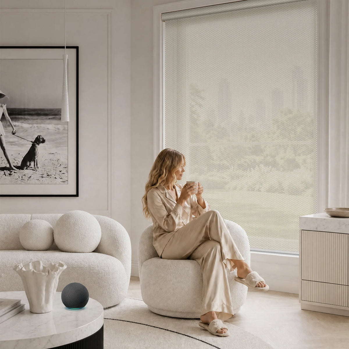 Motorized solar roller shades in a soft modern living room with smart home control
