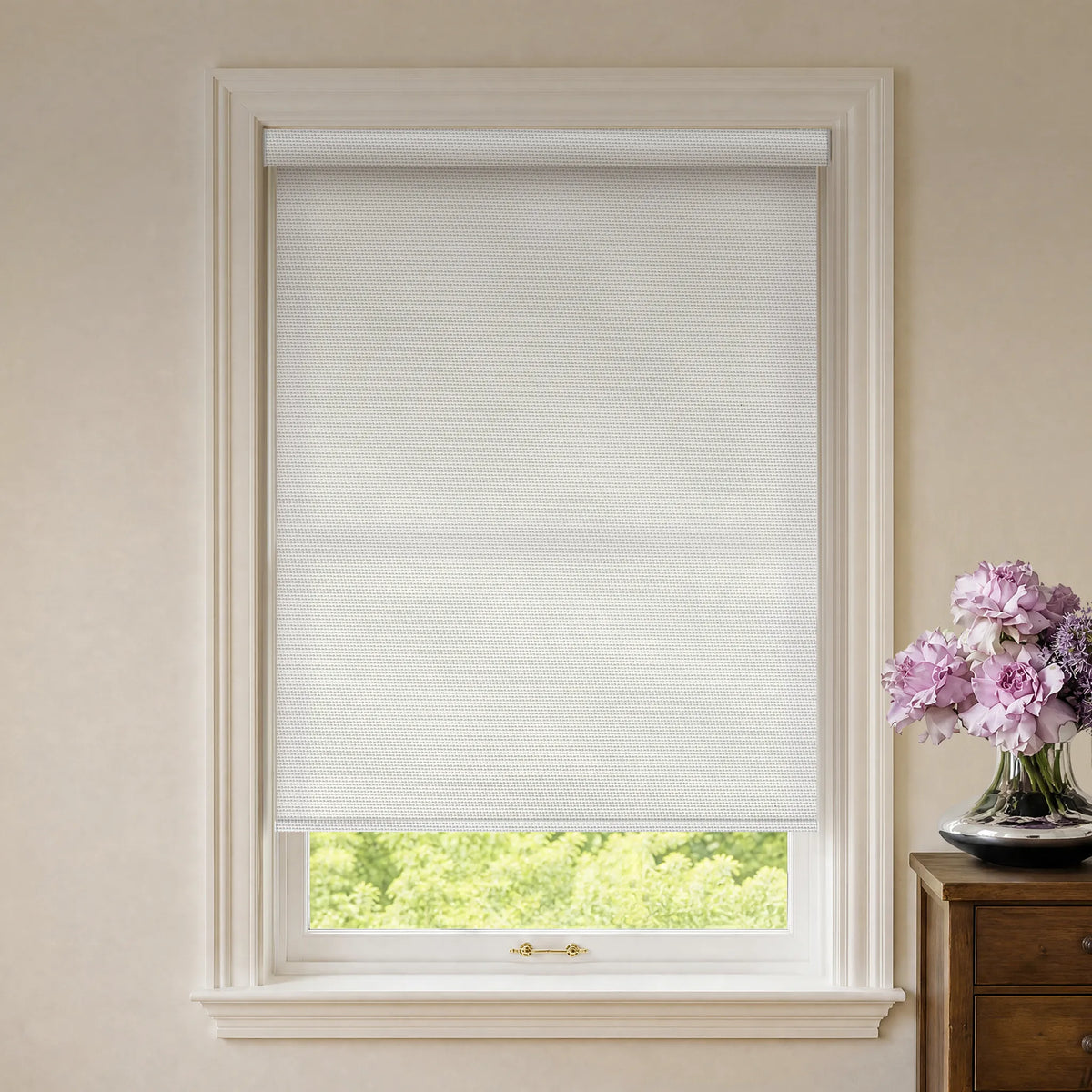 White 1% openness solar roller shades for strong privacy and reduced glare