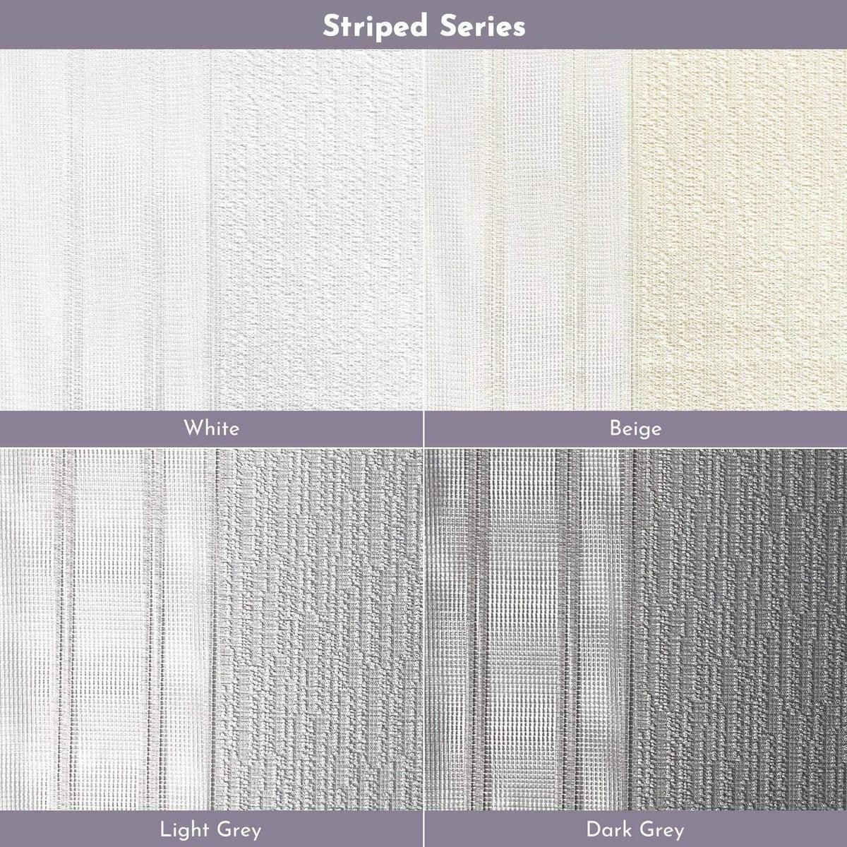 Striped window blind fabric swatches in white, beige, light grey, and dark grey.