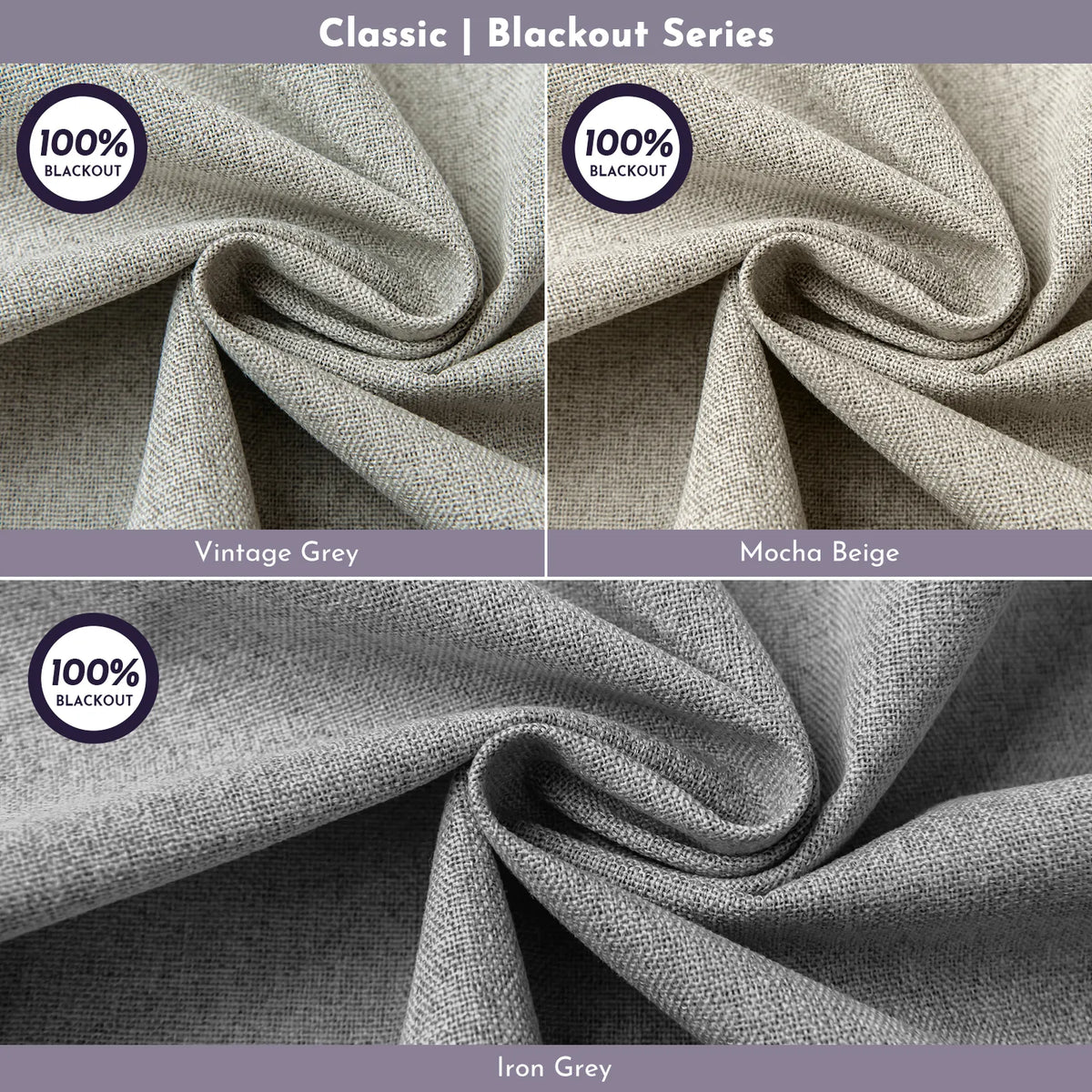 Fabric swatches of Classic Blackout Series in Vintage Grey, Mocha Beige, and Iron Grey.