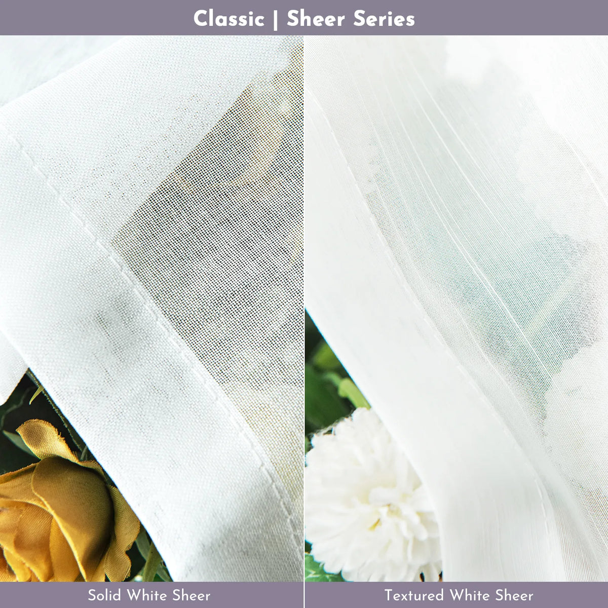 Two types of white sheer fabric with a floral background, labeled 'Solid White Sheer' and 'Textured White Sheer'.