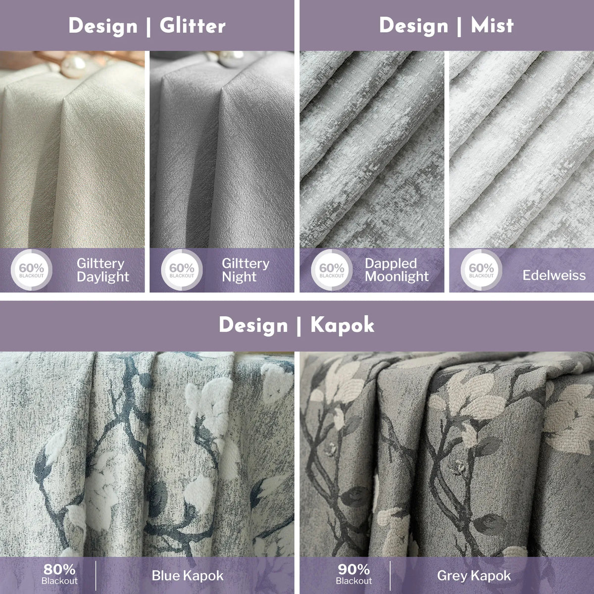 Comparison of different fabric series including Glitter, Mist, and Kapok with their respective properties.