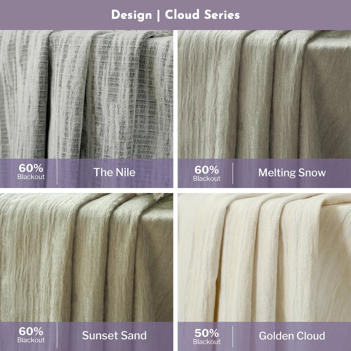 Four fabric swatches labeled 'The Nile', 'Melting Snow', 'Sunset Sand', and 'Golden Cloud' with blackout percentages.