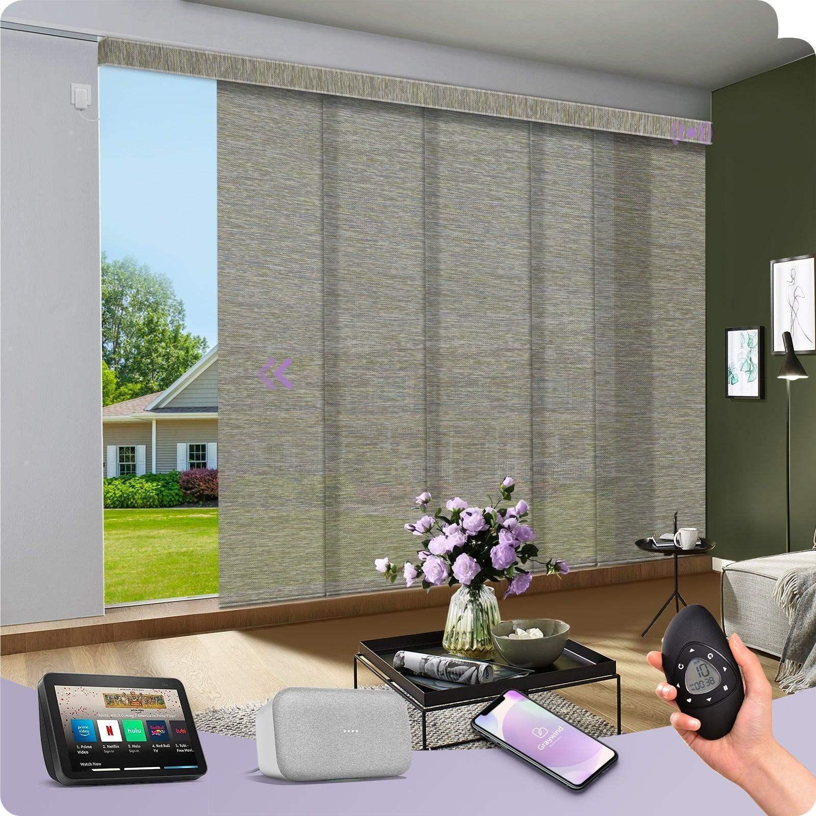 Smart panel track blinds in living room, compatible with smart home devices and remote control