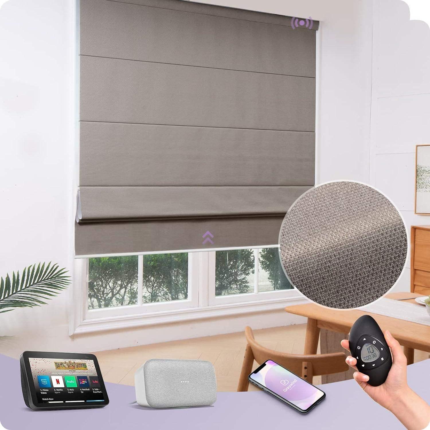 Textured taupe smart Roman shade on window, with close-up fabric detail and smart home controls