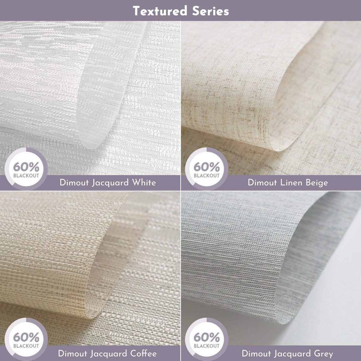 Textured dimout fabric samples in Jacquard White, Linen Beige, Jacquard Coffee, and Jacquard Grey, each offering 60% blackout, ideal for custom window treatments.