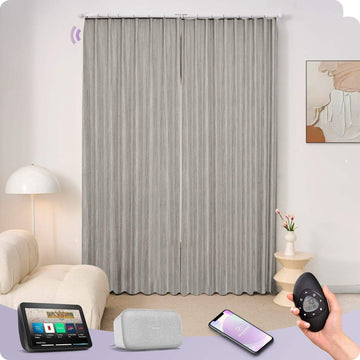 Smart gray motorized curtains in modern living room, compatible with remote, smartphone, Alexa, Google