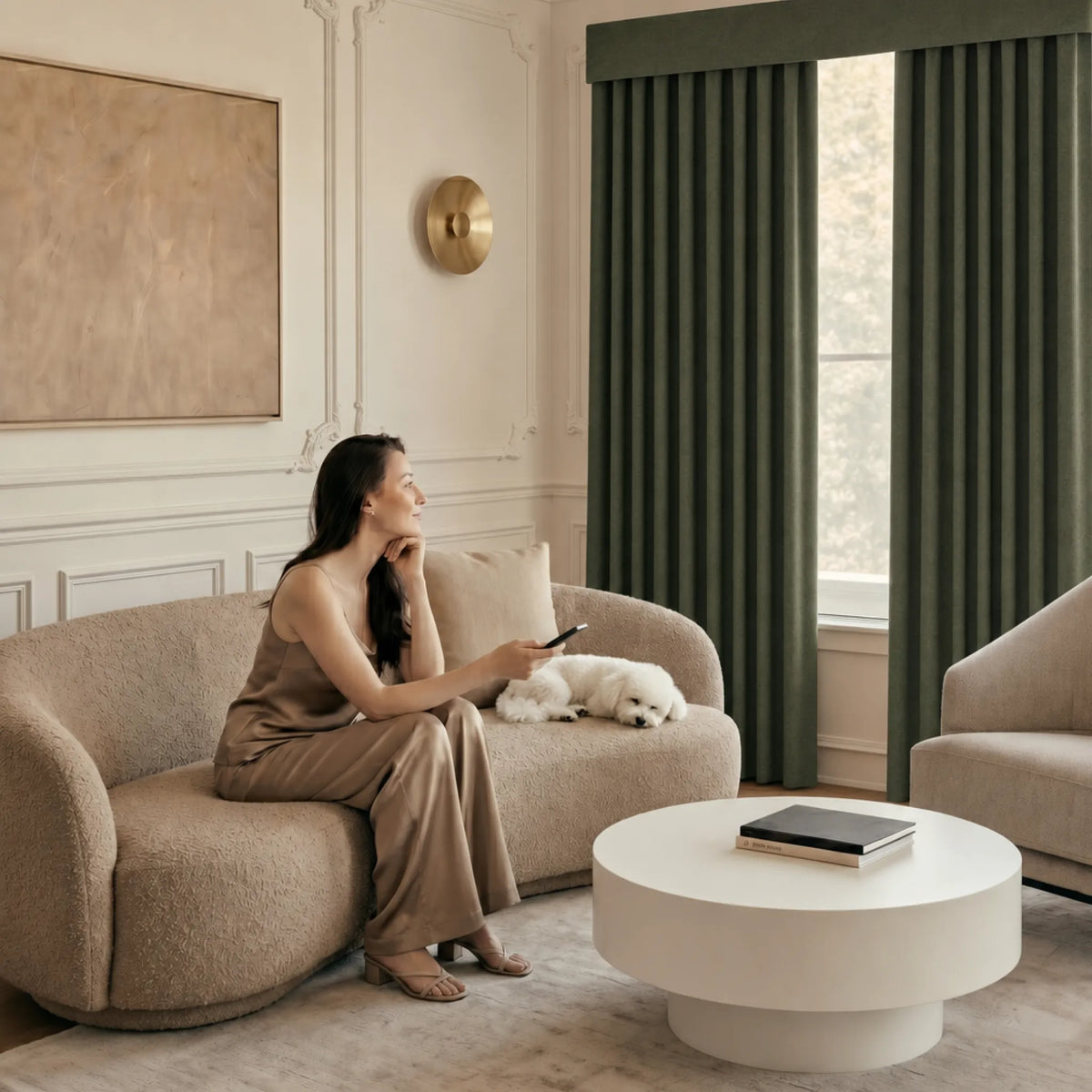 Woman sitting on a beige sofa in a stylish living room with a small dog.