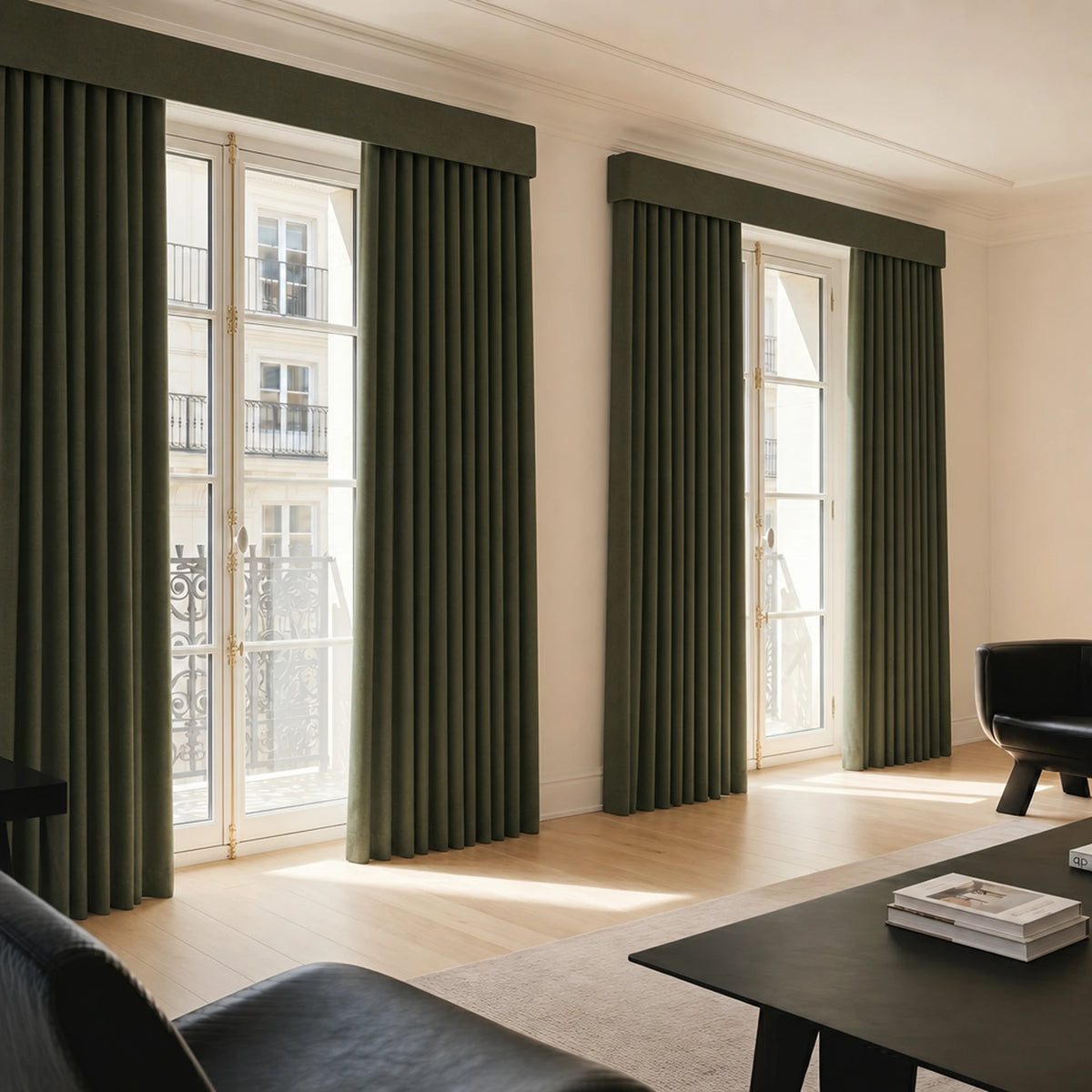 Modern living room with dark green curtains and a black sofa.