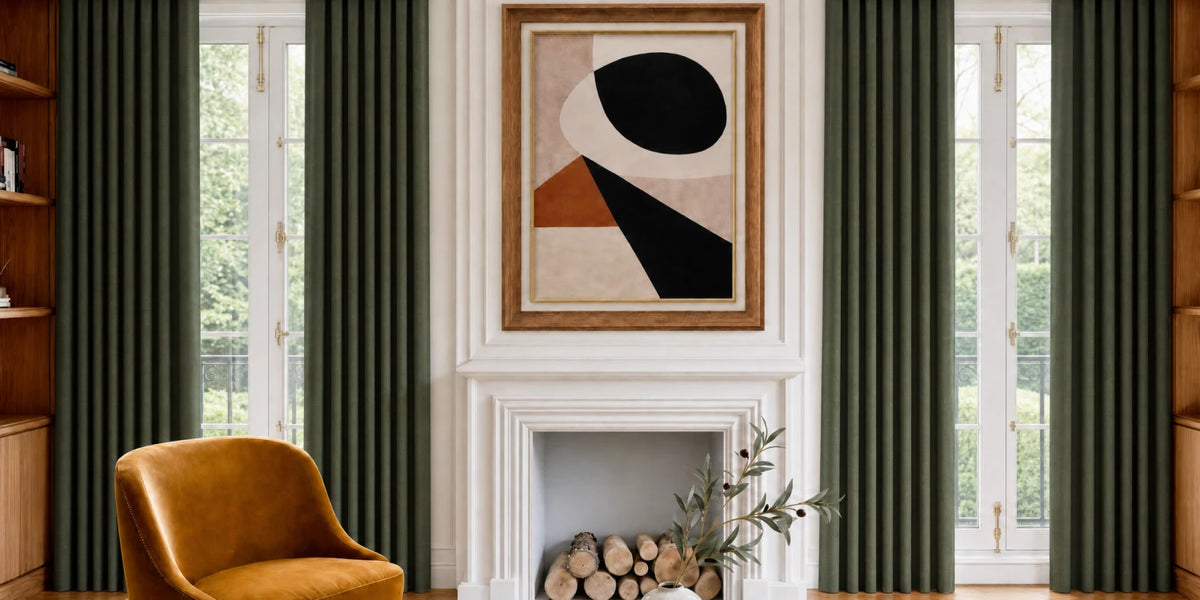Living room with a fireplace, abstract art, and striped curtains