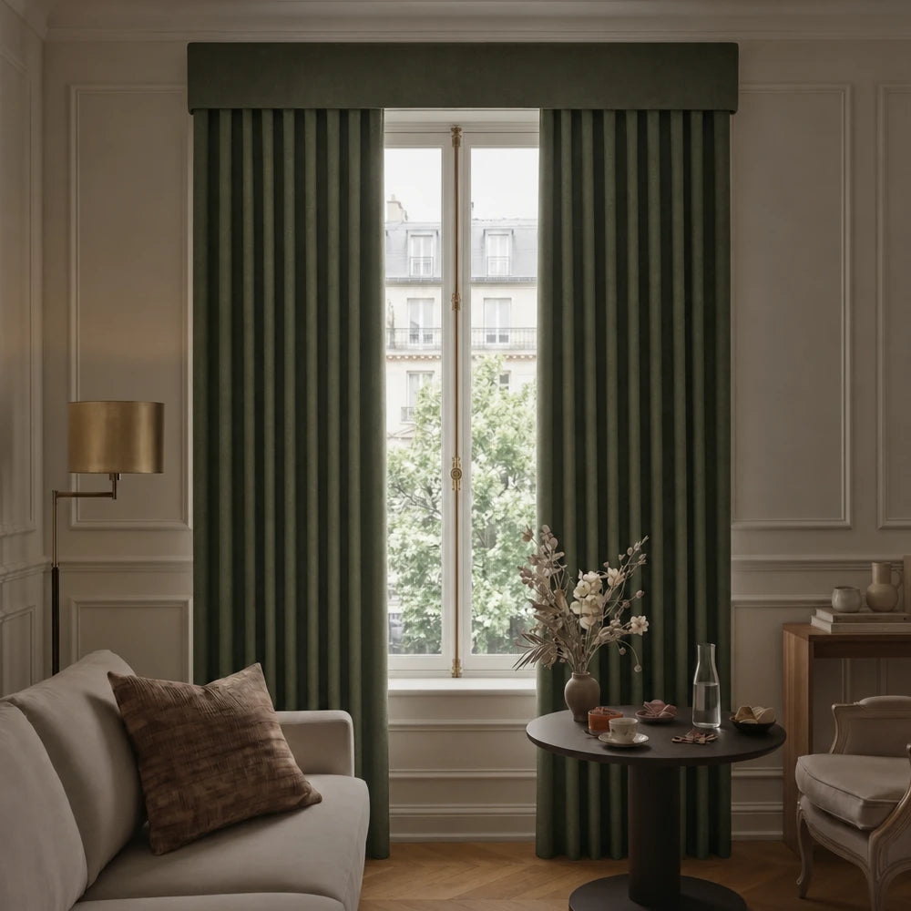 Living room with green curtains, a sofa, and a small table with decor items.