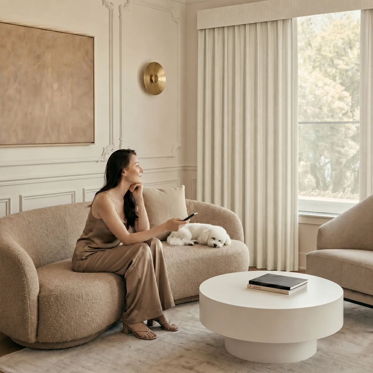 Woman sitting on a beige sofa with a dog in a stylish living room.