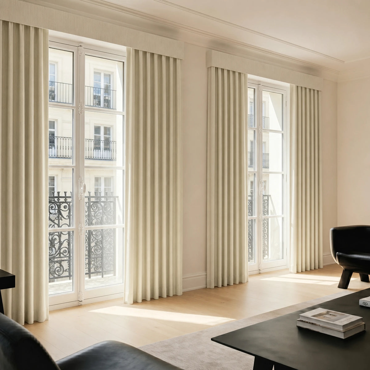 Living room with large windows and beige curtains