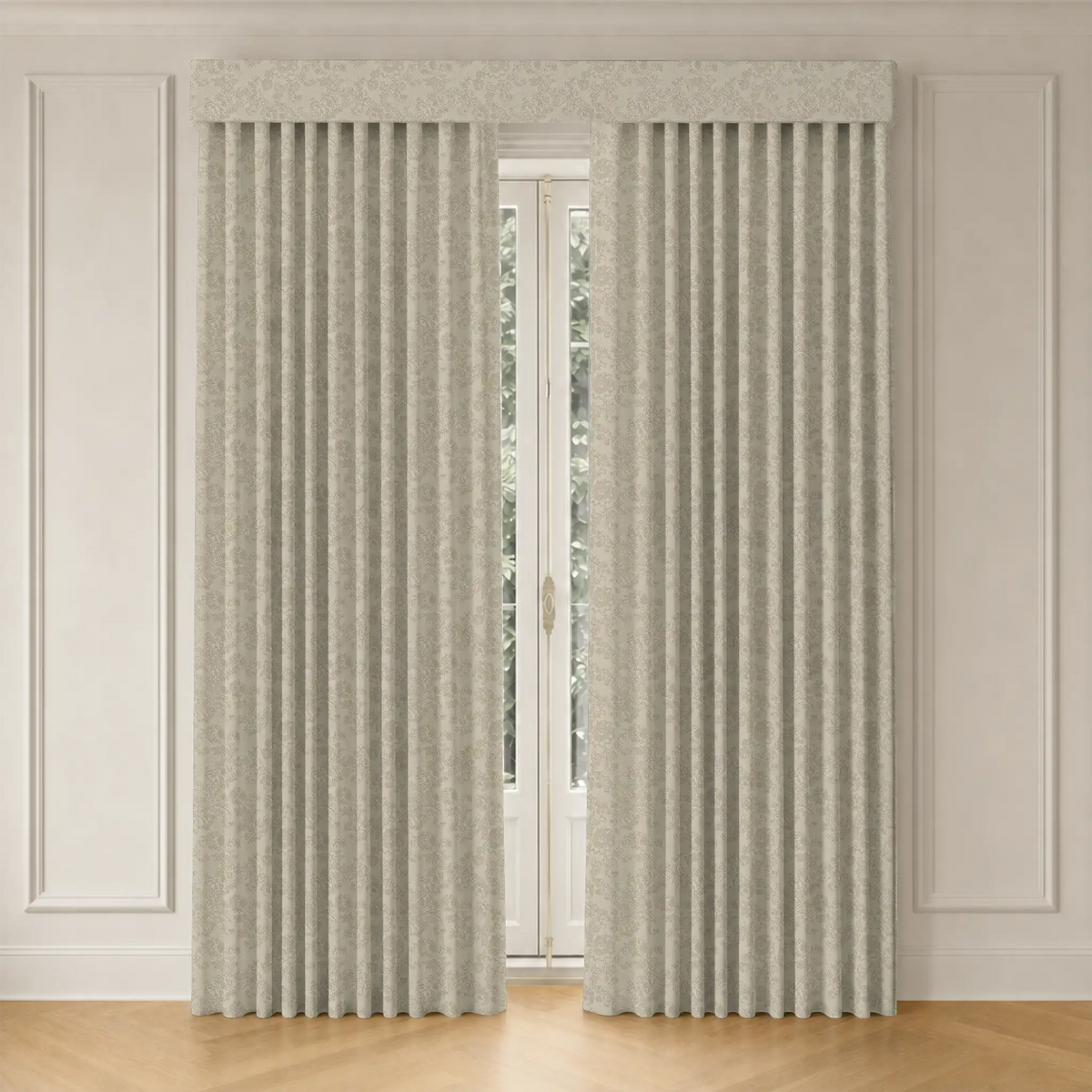 Pair of room darkening curtains on a window with a neutral wall background