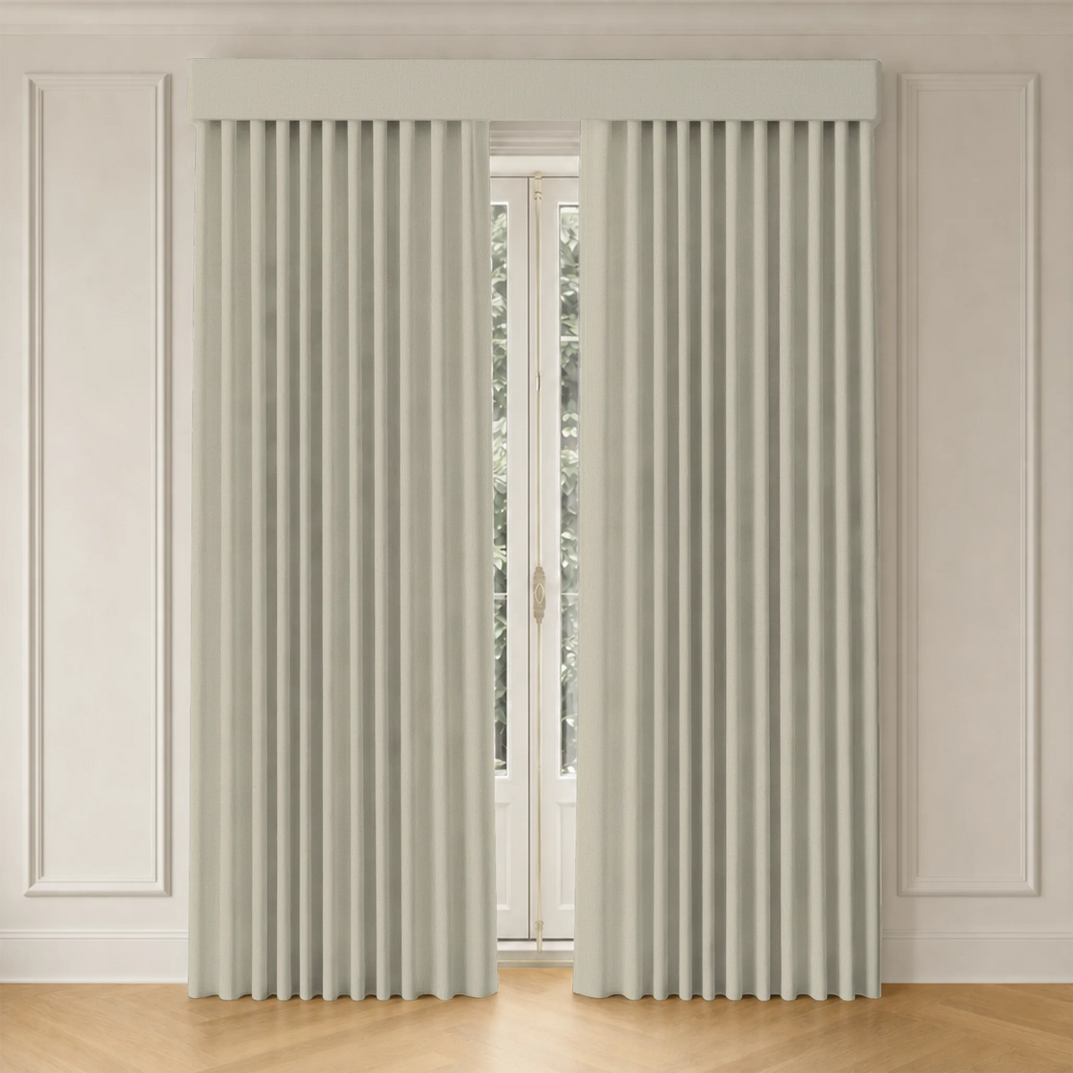 Pair of curtains on a window with a neutral wall background