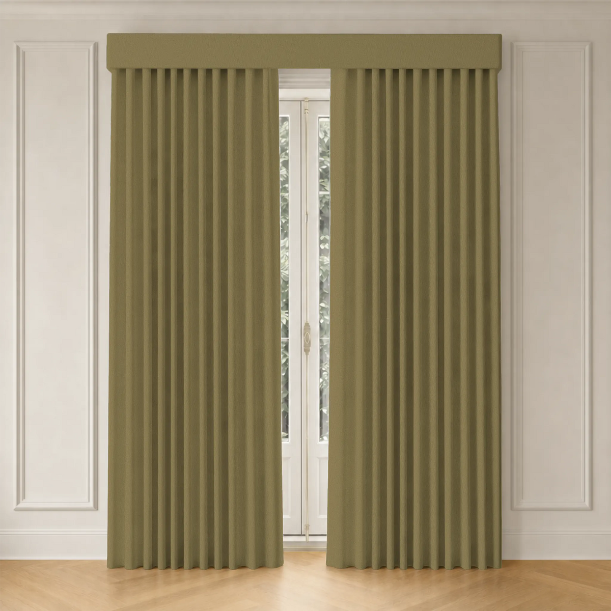 Motorized curtains on a window with white walls and wooden floor