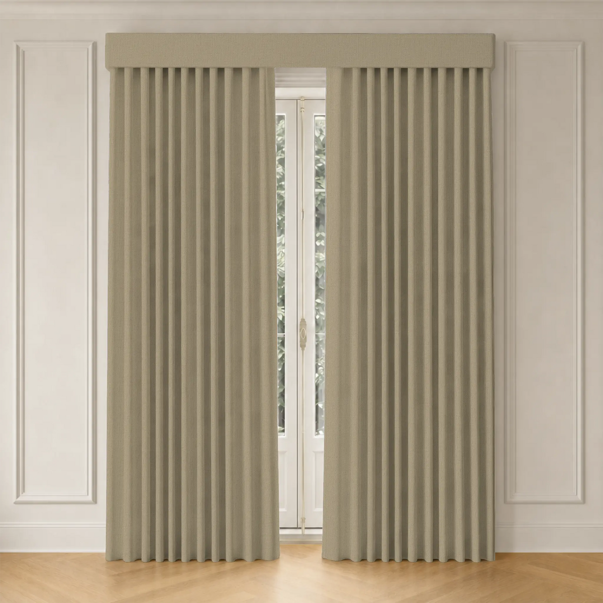 Pair of curtains on a window with a neutral wall background