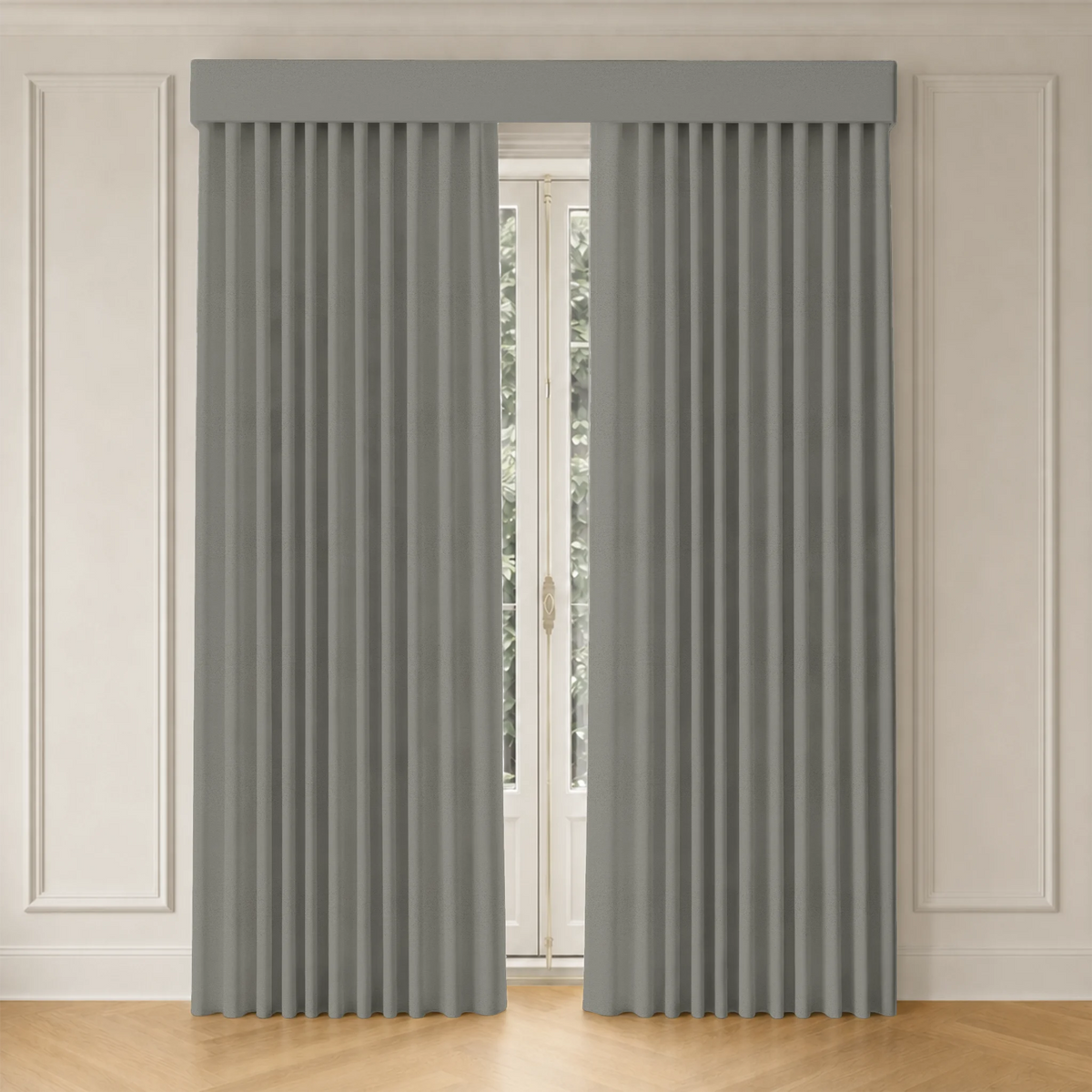 Pair of curtains with track in a room with wooden flooring and white walls.