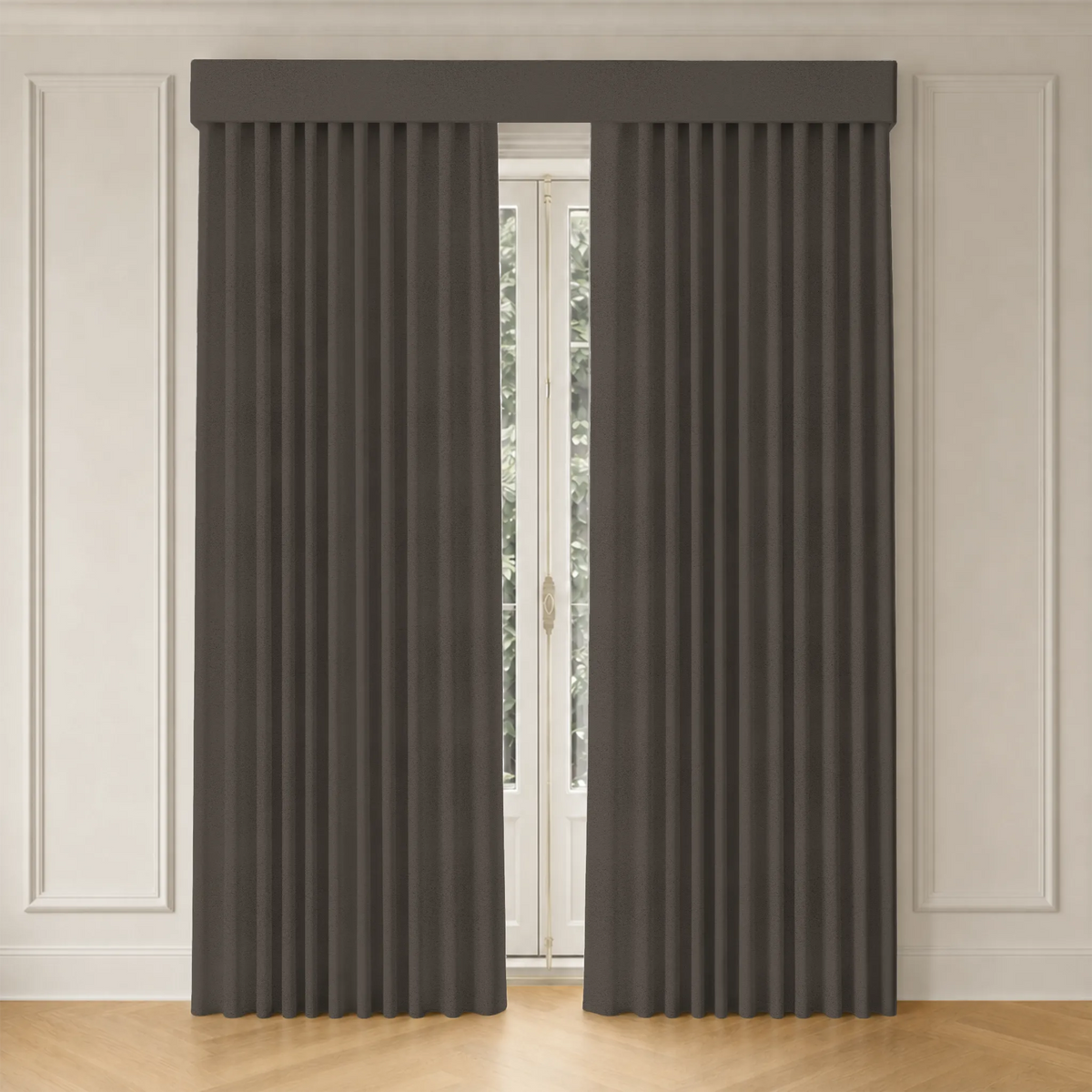 Brown pleated curtains on a window with a neutral wall background