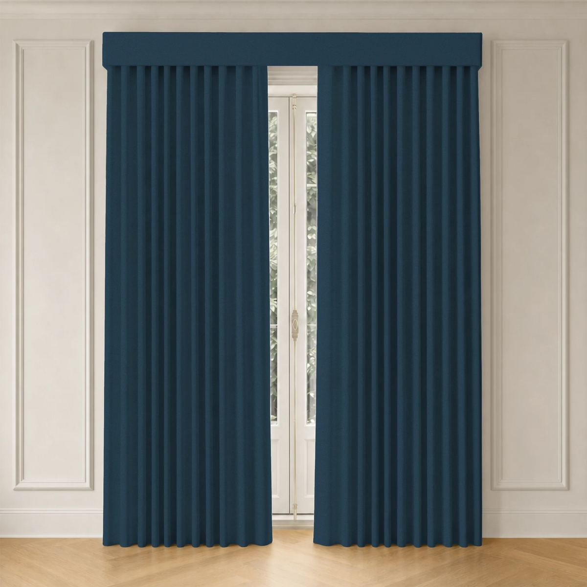 Pair of blue curtains on a window with beige walls and wooden floor.