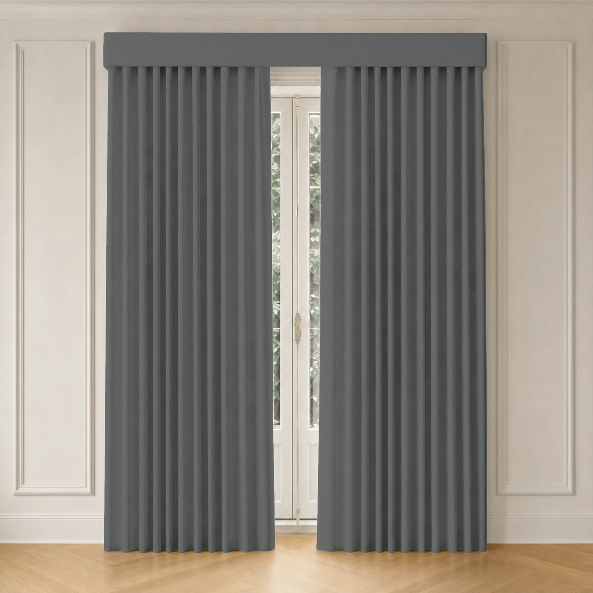 Pair of curtains in a room with wooden flooring and white walls.