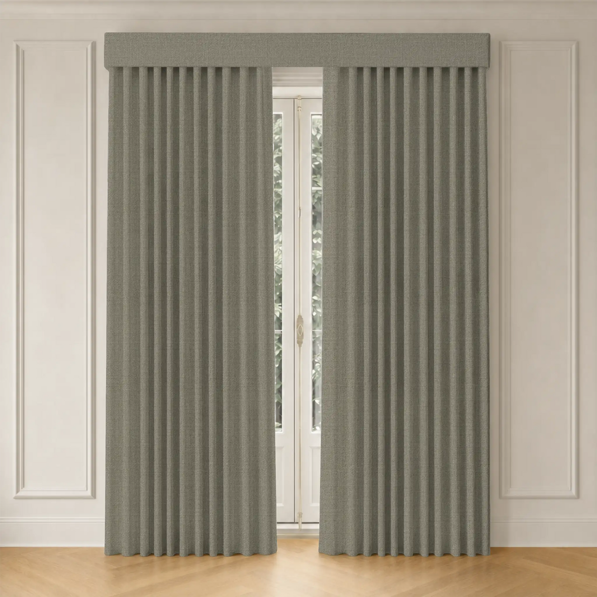 Pair of custom curtains on a window with a neutral wall background