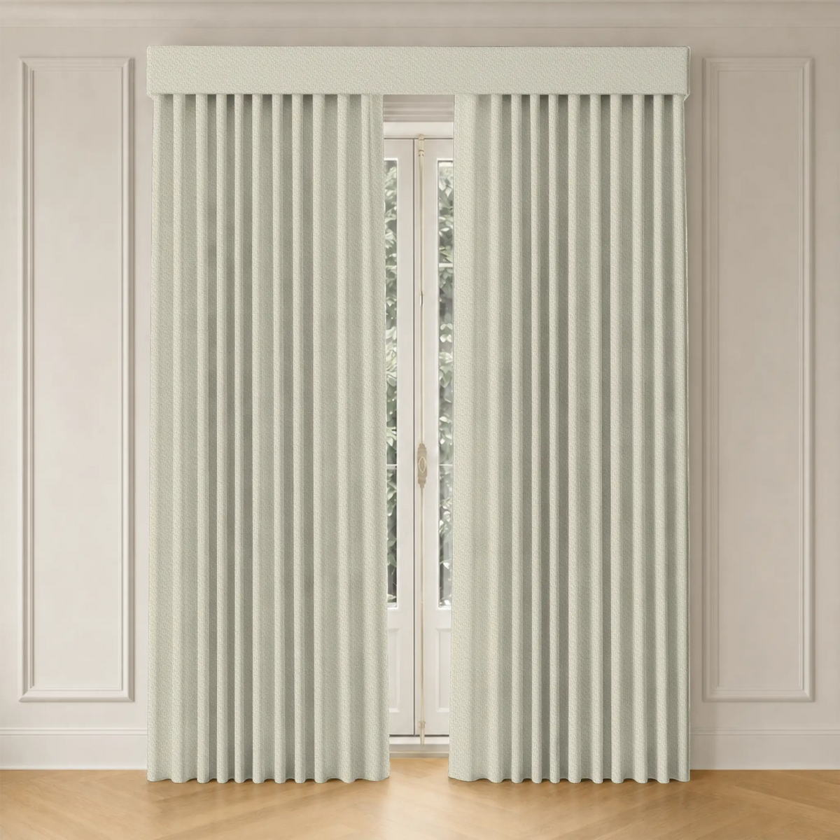 Pair of smart curtains in a neutral color on a window with beige walls and wooden floor.
