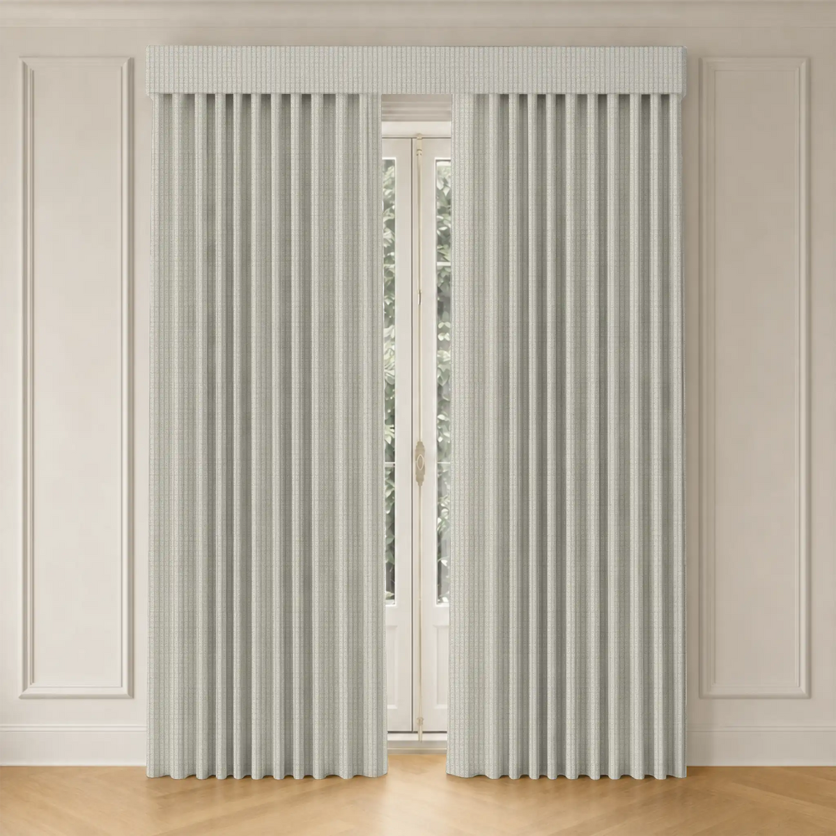 Pair of curtains with track on a window with a neutral wall background