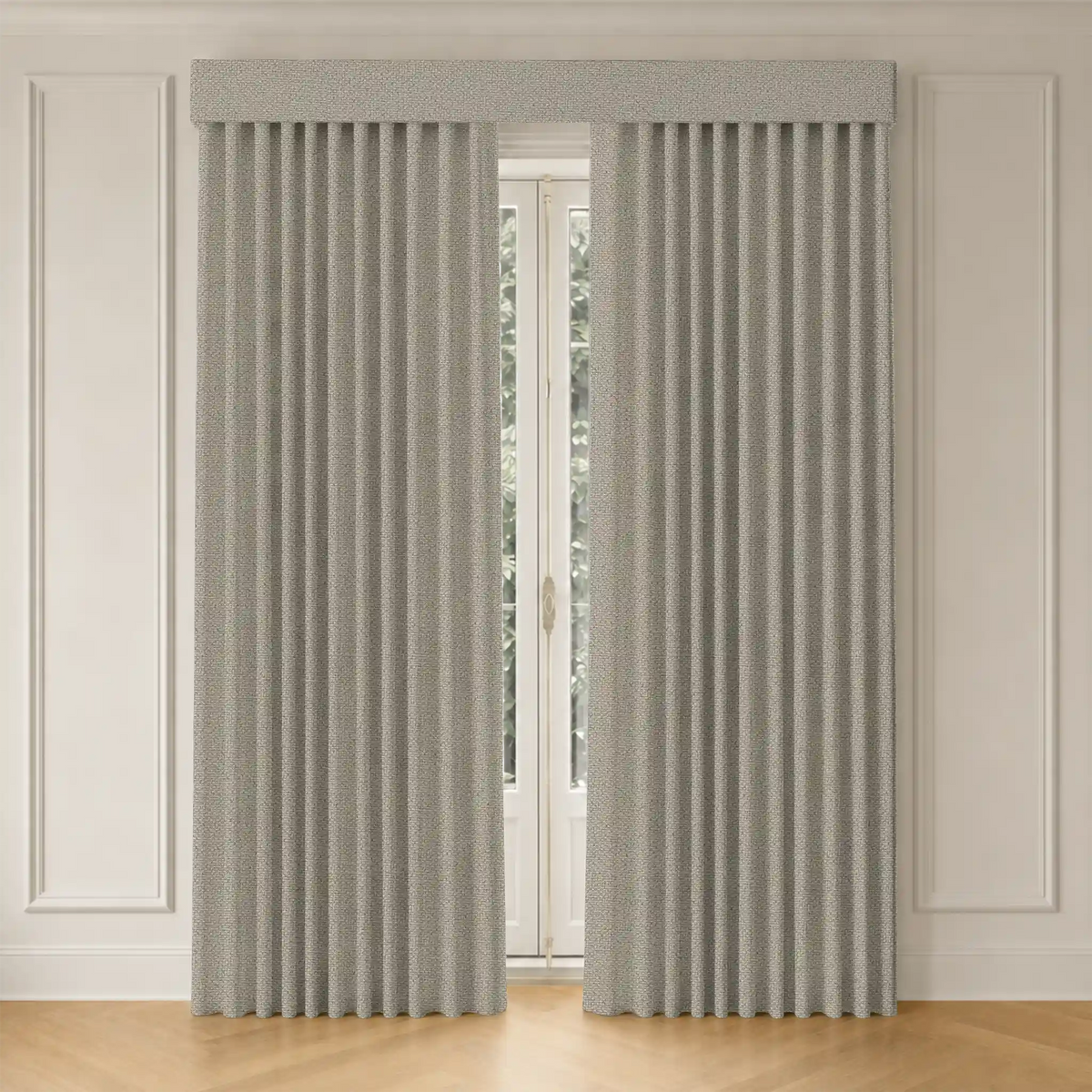 Pair of curtains with track in a room with wooden flooring and paneled walls.