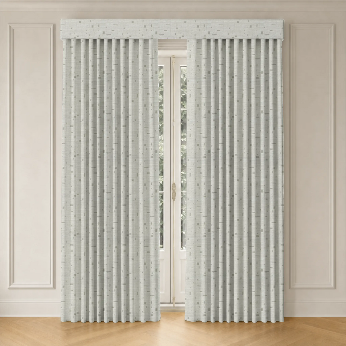 Pair of motorized curtains in a neutral color on a window with beige walls and wooden floor.
