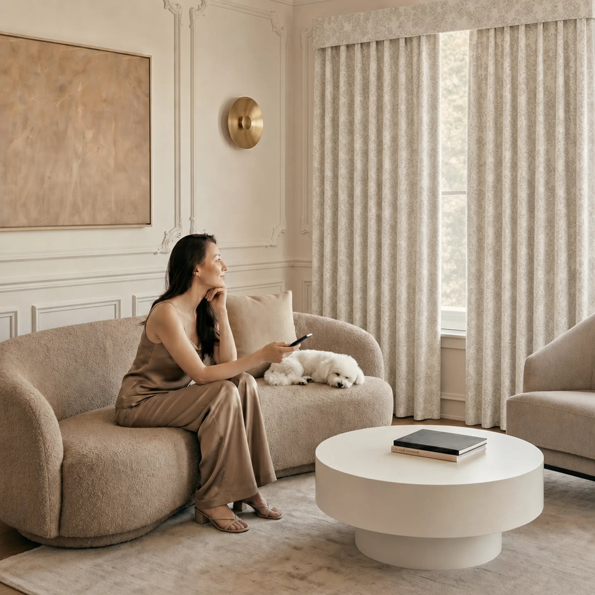 Woman sitting on a couch in a stylish living room with a dog and a book on a coffee table.
