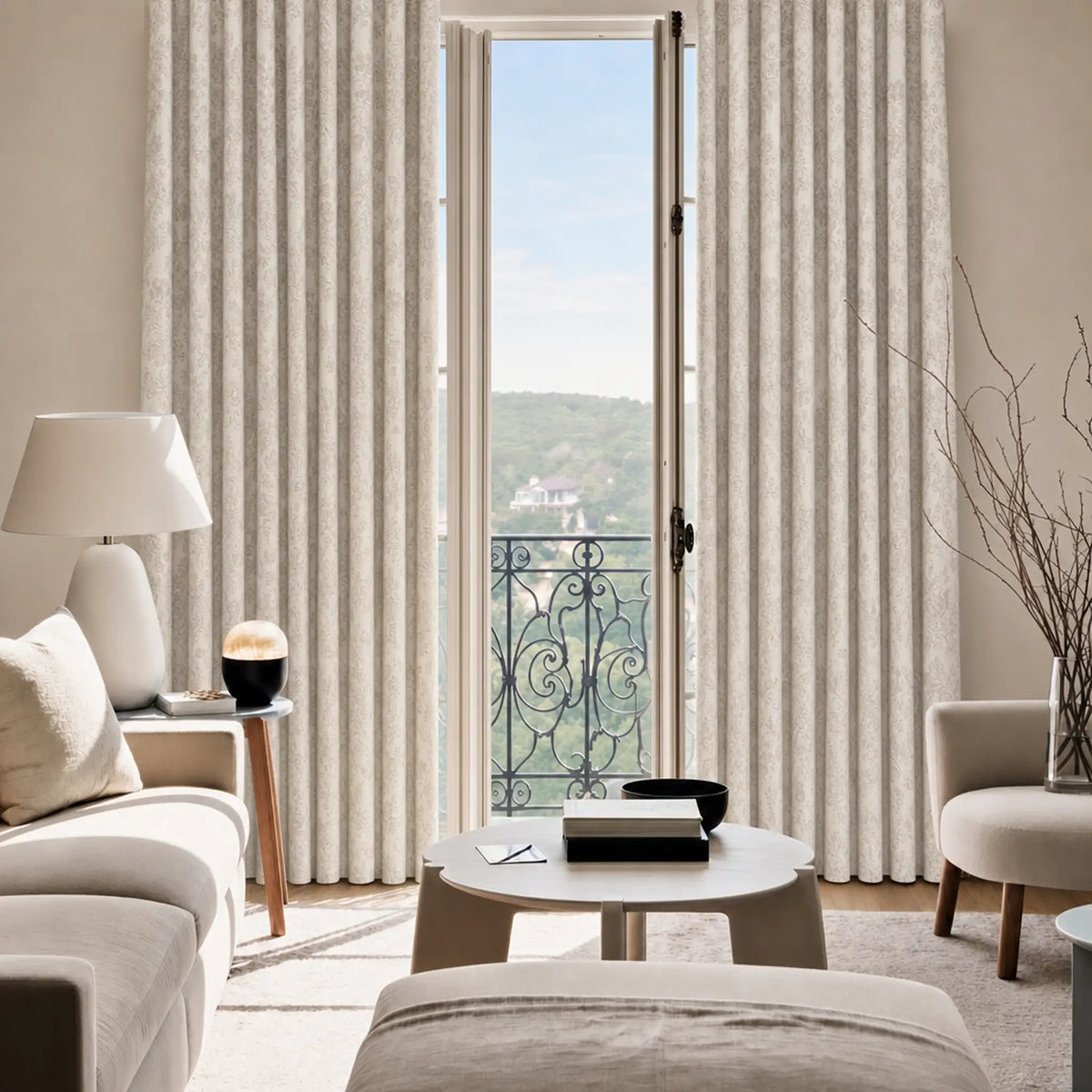 Modern living room with neutral tones, a coffee table, and a view of a balcony.