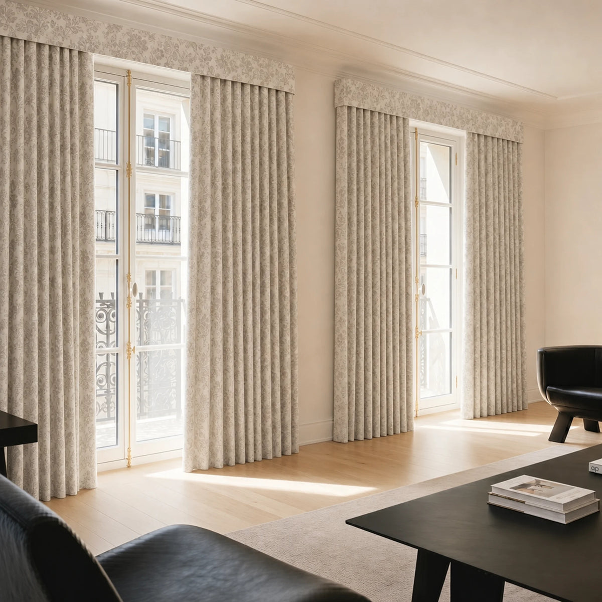 Living room with large windows draped with patterned curtains