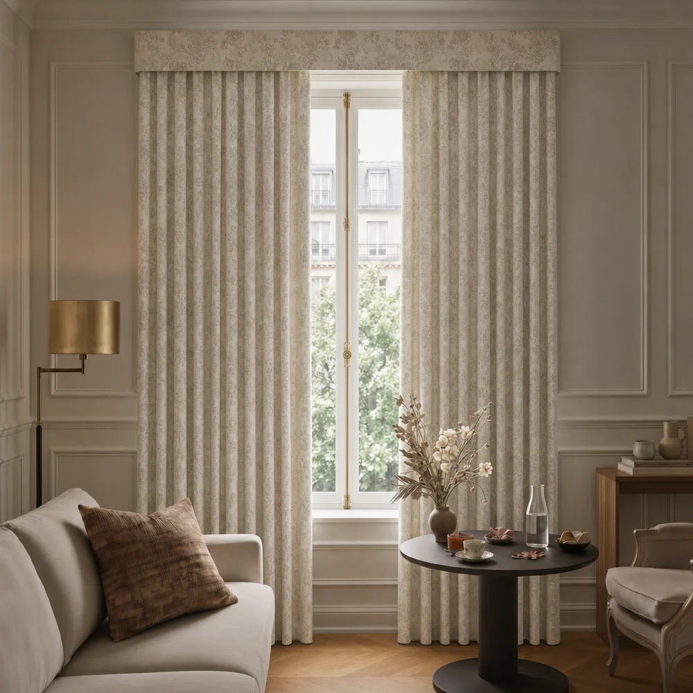 Living room with beige sofa, striped curtains, and a small round table.