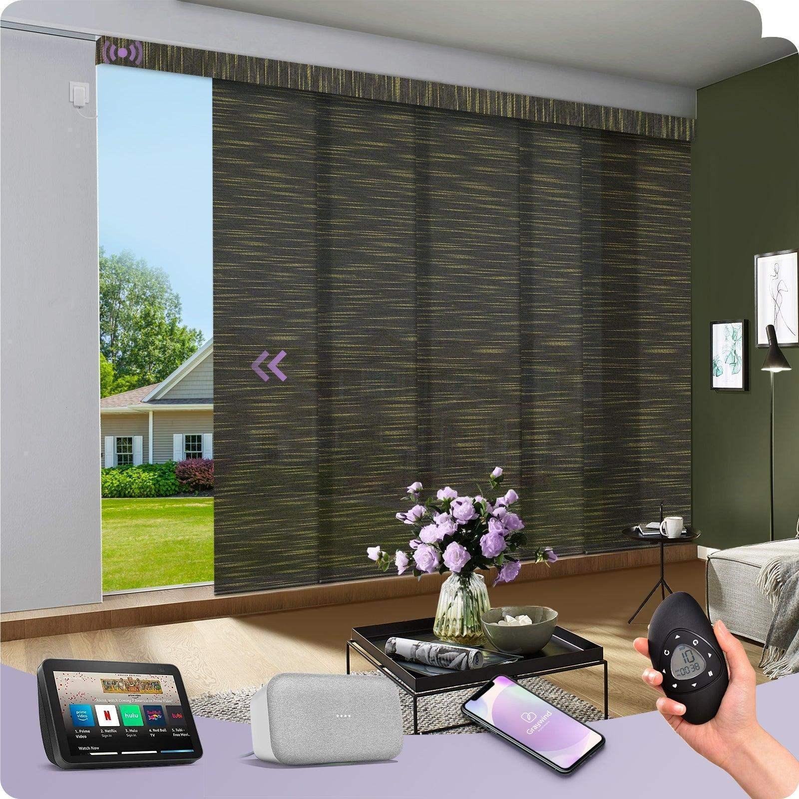 Smart motorized panel track blinds in a modern living room, compatible with Alexa, Google Home, and app control.