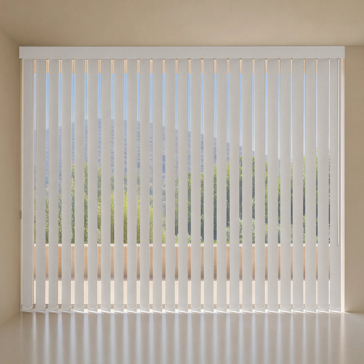 White vertical blinds installed on a window, shown in a clean interior setting with beige walls and a light floor.