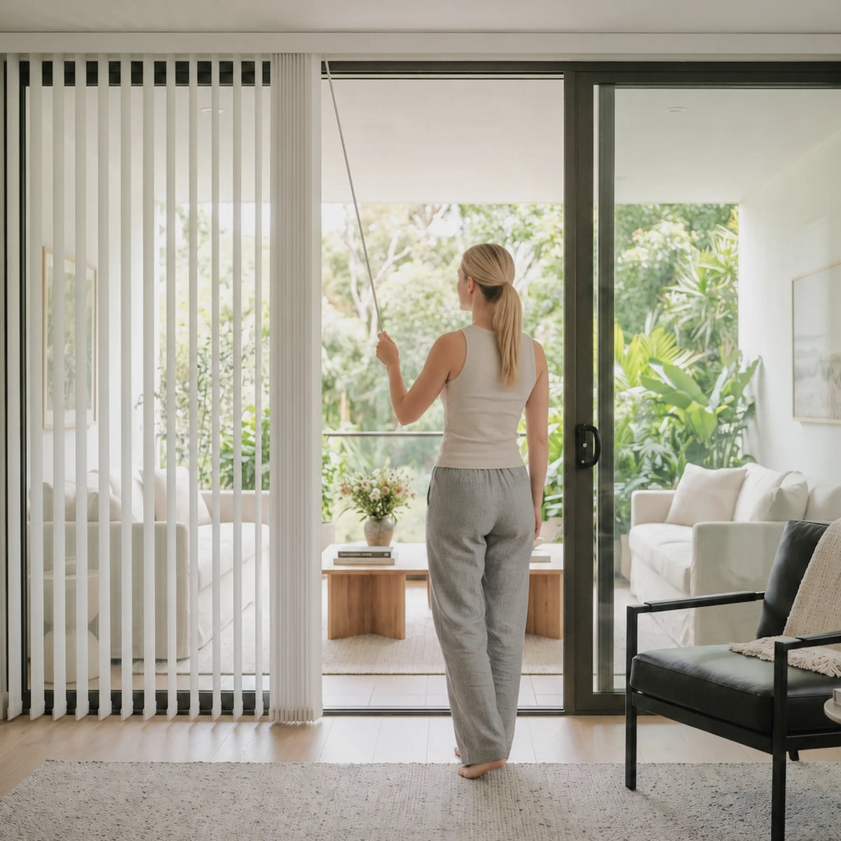 A woman stands barefoot in a bright living room, holding a long handle to open a large black-framed sliding glass door. White vertical blinds cover the adjacent window, and a modern sofa, coffee table, and lush green outdoor view are visible in the background.