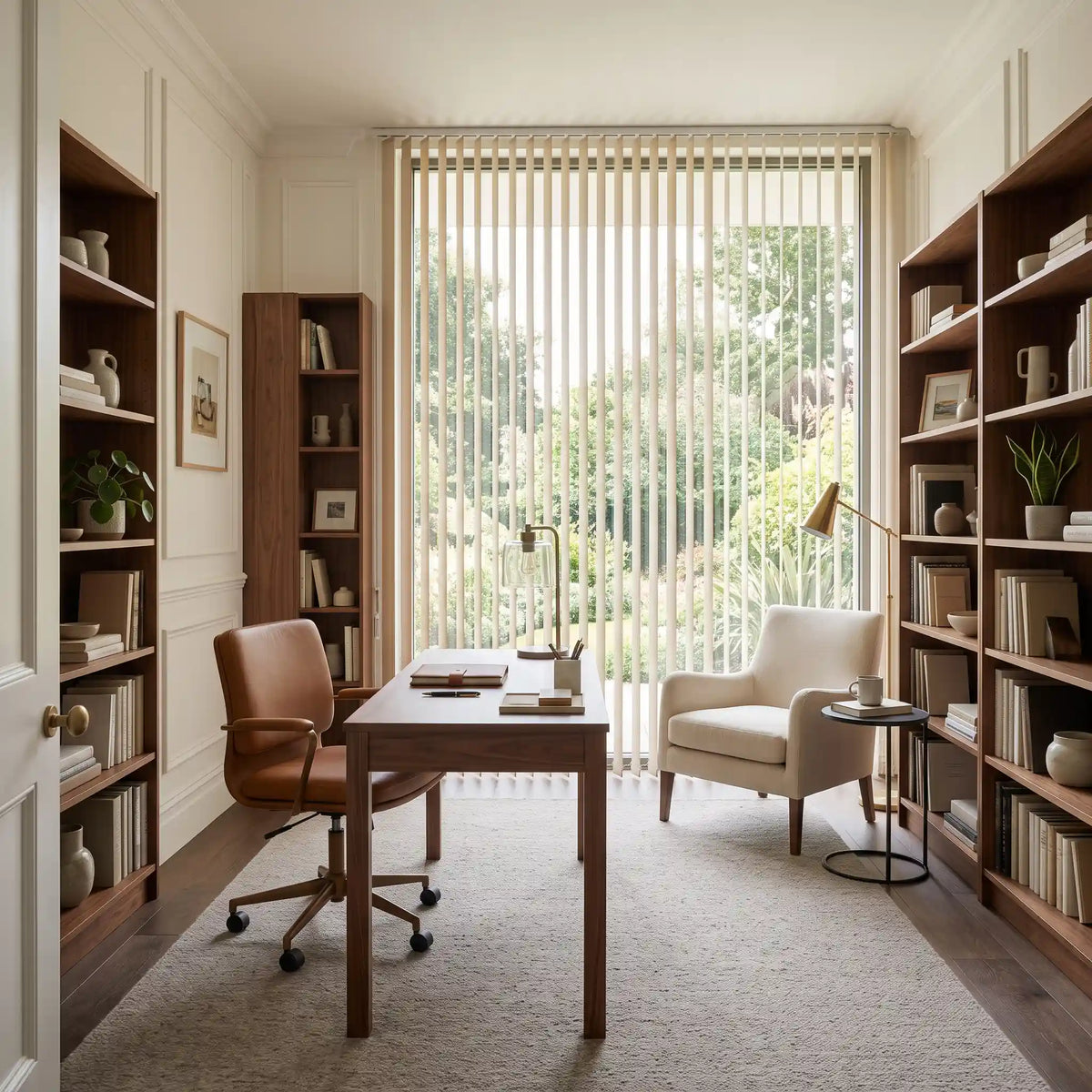 A modern home office interior featuring a wooden writing desk with a brown leather swivel chair, a cream accent chair, and tall wooden bookshelves on both sides. A large window with vertical blinds looks out onto green trees, and a light gray rug covers the floor.