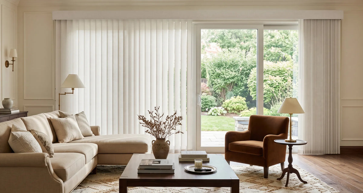 A styled living room with tall Vertical Blindsin cream and white hanging over large windows and a sliding glass door, with a beige sectional sofa, brown armchair, coffee table, and green garden visible outside.