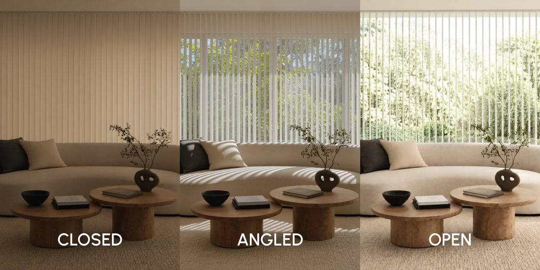 Three interior views of a modern living room showing a beige sectional sofa, round wooden coffee tables, and large vertical blinds covering windows. The left panel is labeled CLOSED, the middle ANGLED, and the right OPEN, with the rightmost view featuring a large beige wall panel or door in the background.