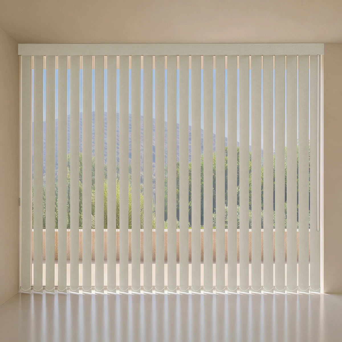 White vertical blind installed on a large window, shown in a clean, modern room with beige walls and a light-colored floor.