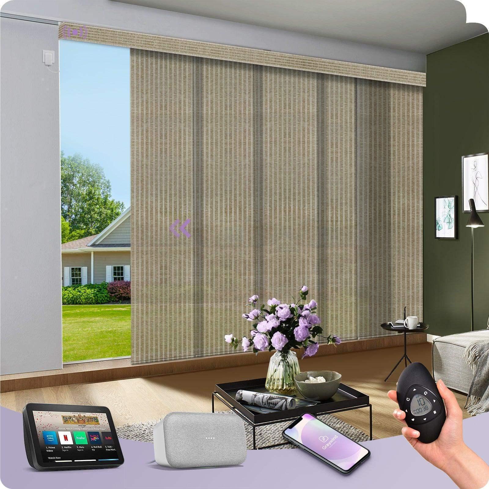 Smart motorized panel track blinds in living room, compatible with Alexa and phone app.